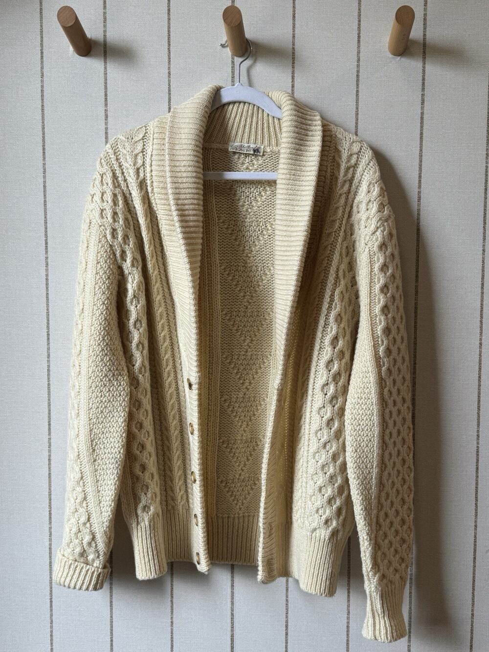 Vintage 100% Shetland Wool Cable Knit Shawl Collar Cardigan Cream Men’s Medium